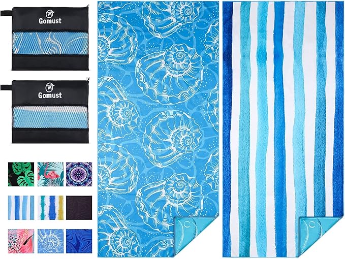 Microfiber Beach Towel Oversized 71x32, Thin, Blue with Bag 2 Pack | Lightweight Sand Free Absorbent Quick Dry Compact Extra Large for Adult Travel Camping Pool Swim Bath Cruise Essentials Gift by Gomust
