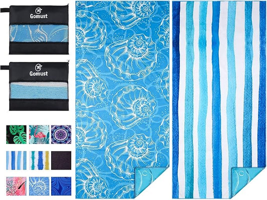Microfiber Beach Towel Oversized 71x32, Thin, Blue with Bag 2 Pack | Lightweight Sand Free Absorbent Quick Dry Compact Extra Large for Adult Travel Camping Pool Swim Bath Cruise Essentials Gift by Gomust