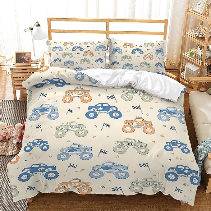 AILONEN Rally Truck King Duvet Cover Set 3 Piece, Blue Orange Printed Bedding with 2 Pillowcases, Microfiber Zipper Closure, Main Couple Bedroom by AILONEN
