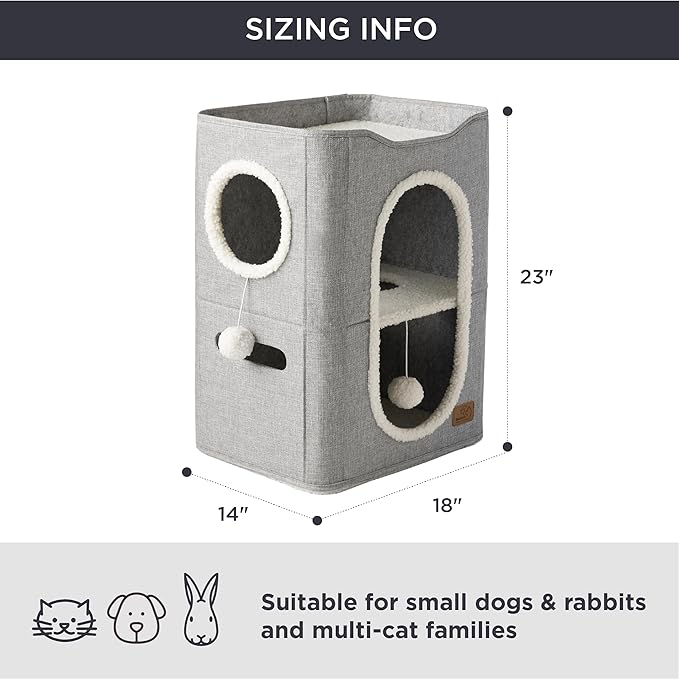 Bedsure 2 Story Cat House for Indoor Cats with Scratch Pad,18x14x23 Grey | Cat Bed Condo for Multiple Pets, With Fluffy Ball, Foldable Hideaway Pet Cave Cube for Sleeping Kitten - Image 6