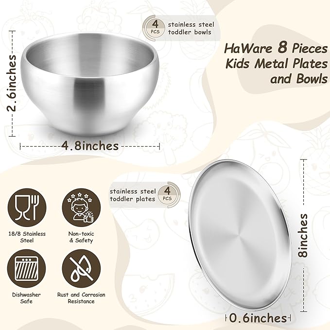 HaWare Kids Plates and Bowls, 8 Pieces Stainless Steel Dish Set, Reusable Dinnerware for Camping, Hiking, Travel, Picnic, Non-toxic Tableware set for Kids Self-feeding, Dishwasher Safe - Image 2