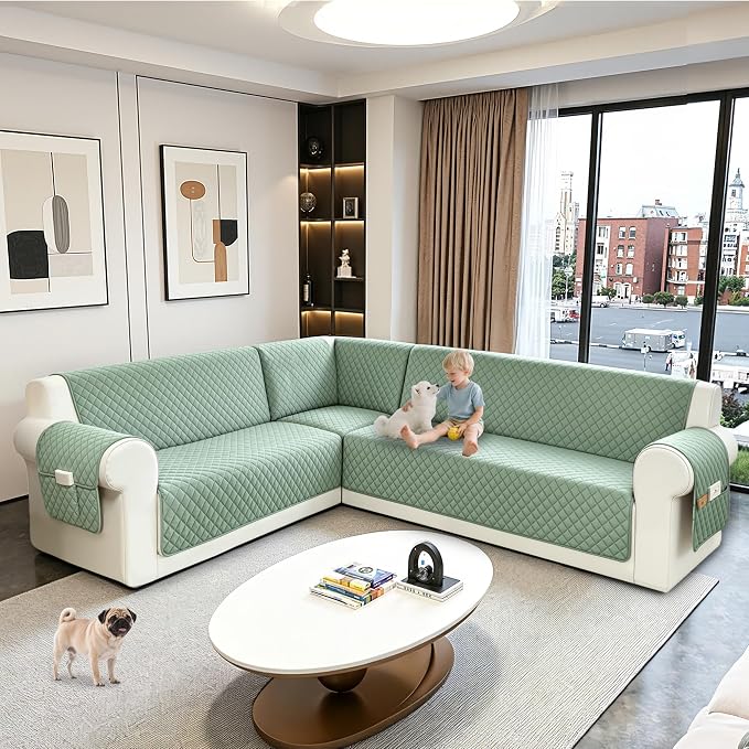 Sectional Couch Covers for Dogs 100% Waterproof Corner L Shaped Sofa Cover Pet Friendly Velvet Washable Anti Slip L Shape Modular Sofa Slipcover Protector with Pockets (Light Green, XL Plus) - Image 6