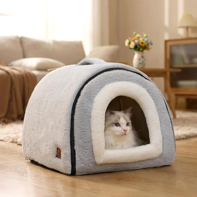 Cat Bed for Indoor Cats，Foldable cat cave，Anti-Slip & Water-Resistant Bottom，cat Houses for Indoor Cats or Small Dogs, Kitten Tent, Rabbit Bed，2 in 1 pet Bed (Grey) - Image 2