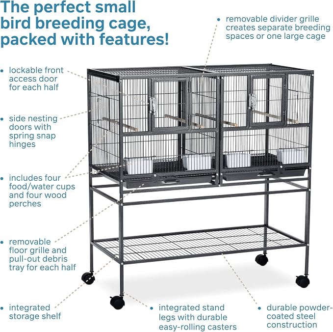 Prevue Pet Products Deluxe Divided Breeder Cage - Stackable Breeding Cage with Divider, Rolling Enclosure with Wooden Perches, Food and Water Cups, for Finches, Canaries, and Small Birds - Black - Image 3