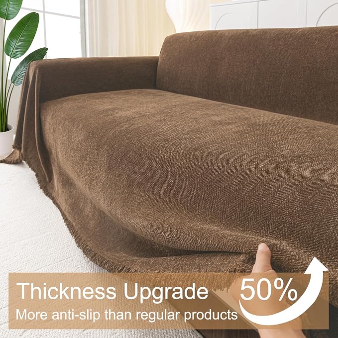 Smiry Couch Cover for Dogs, Chenille Sofa Covers for 3 Cushion Couch | Washable Soft Sofa Slipcover for Pets, Thick Sectional Furniture Protector with Tassels (Chocolate, 71x102 Inch) - Image 4