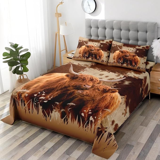 WeCozy King Size Bed Sheet Sets with Pillowcases, Highland Cow Animal Bull 4 Pcs Soft Microfiber Bedding for Kids and Adults, Farm Flat, Fitted Sheet for Bedroom Bed Decor - Image 4