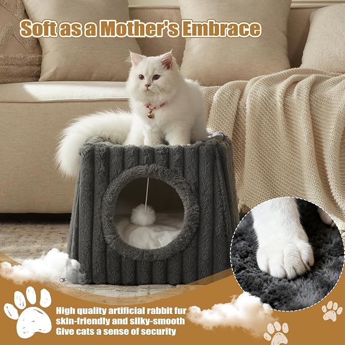 Indoor Cat House - Large Cat Cave Bed with Fluffy Balls, Foldable Cat Bed Cave and Apartment with Pads, Suitable for Multiple Small and Large Cats, 15.74x13.7x13.7inches(Deep Grey, Large) - Image 5