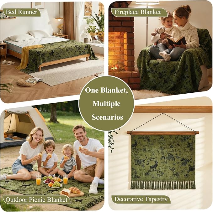 STACYPIK Modern Jacquard Sofa Cover for Dogs, Green Floral & Deer Couch Cover for 2 Cushion Couch, Washable Chenille Tassels Pets Furniture Protector, Aesthetic Throw Cover Blanket, Christmas-71X118IN - Image 5