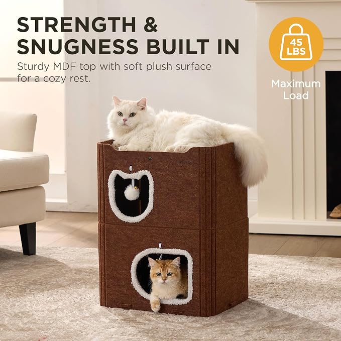 Joydeco Cat House for Indoor Cats, 2 Story Scratch Resistant Felt Cat Condo, Hideaway Pet Cave Bed with Fluffy Ball and Tunnel for Kitten, Small Dogs, Rabbits, 17.7 x 13.3 x 24, Coffee - Image 4