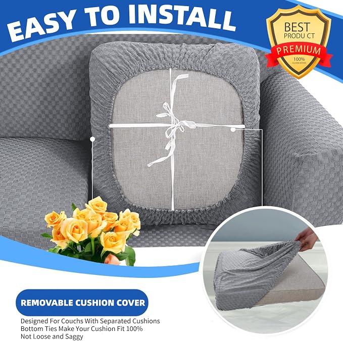 YEMYHOM Stretch Individual Cushion Covers Large Sofa Seat Cushion Slipcovers Soft Couch Cover Replacement Large Checkered Furniture Protector with Elastic Bottom (2 Pcs XL Cushion Covers, Light Gray) - Image 5