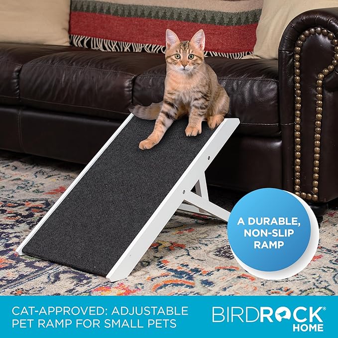 BIRDROCK HOME Adjustable Pet Ramp for Small Dogs, Cats, Puppies - Foldable Wooden Dog Ramp for Couch, Bed, Car - Indoor or Outdoor- Safe, Portable, Non-Slip Carpet - 13", White