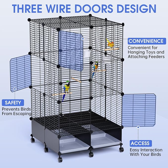 Flight Bird Cage with Wheels, Large Metal Parakeet Cage with Slide-Out Trays, Perches, Bowls & Bird Toys, Indoor Bird Cage for Cockatiel, Budgie, Lovebird, Finch & Small Birds, 25.5"L x 25.5"W x 46"H - Image 7