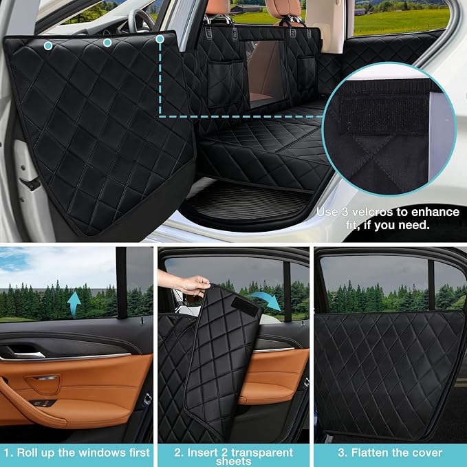 Truck Hard Bottom Car Seat Cover for Dogs | Mesh Window & 2 Safety Belts | 100% Waterproof Sturdy Back Seat Extender with Door Protectors |Non-Slip,Scratchproof Pet Car Rear Seat Protector Fit Pickup - Image 7