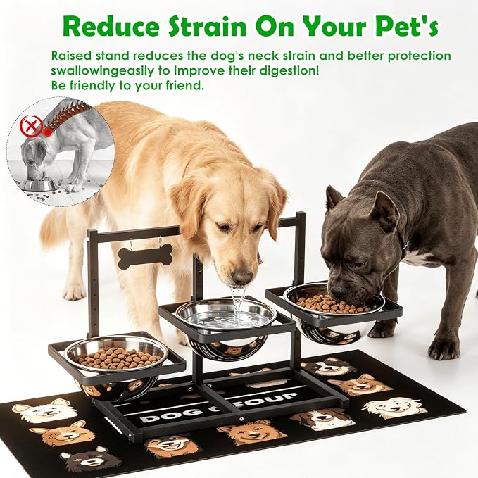 SHAINFUN Elevated Dog Bowls Stand for Large/Extra Large Dogs with Mat, 6 Height Adjustable Raised Dog Bowl, Three 101oz Food Water Bowls - Image 2
