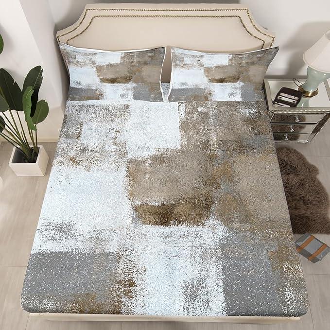 Erosebridal Watercolor Sheet Set Queen,Grunge Brown White Ombre Bed Sheets for Adult,Vintage Oil Painting Artwork Bedding Set Bedroom Decor,Contemporary Fitted Sheet + Flat Sheet + 2 Pillowcases - Image 2