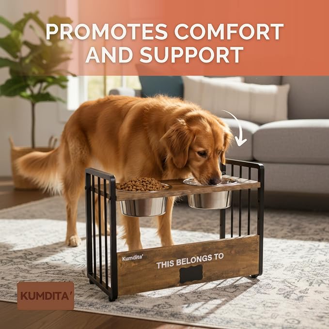 KUMDITA Adjustable Dog Bowls Elevated for Medium & Large Breed Dogs | Orthopedic dog food stand with stainless-steel food/water dishes; modern wood-metal pet feeder with raised dog bowls. - Image 3