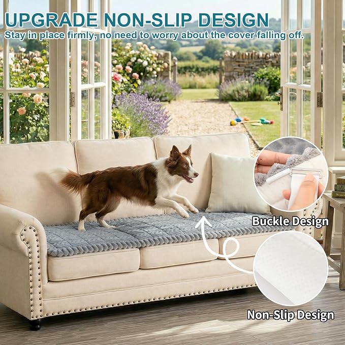 KRFOONN Couch Cover for Dogs Washable Sofa Covers for 3 Cushion Non-Slip Fuzzy Couch Cushion Covers Sofa Slipcovers Furniture Protector with Elastic Straps for Dogs Pets Mat (Light Grey, 27.6" x 59") - Image 4