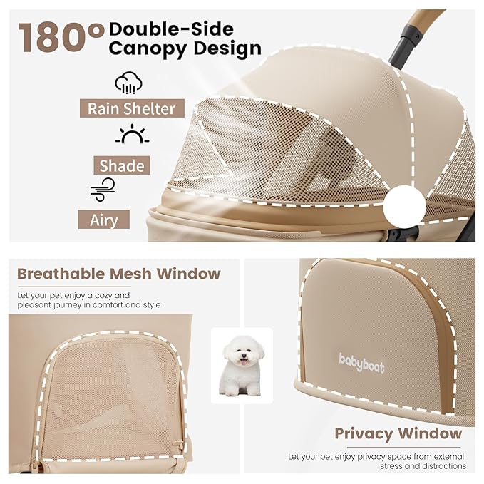 Foldable Dog Stroller Portable Compact Pet Stroller for Small/Medium Dogs & Cats Up to 35lbs One Click Folding Large Cat Carriage with Adjustable Canopy Storage Basket - Khaki