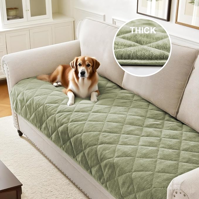 Couch Covers for Dogs Chenille Sofa Covers for 3 Cushion Washable Quilted Checkered Fuzzy Pet Couch Cover Soft Couch Protector Non-Slip Sofa Pads for Puppy Cat Kids(34.5" x 82", Green) - Image 2