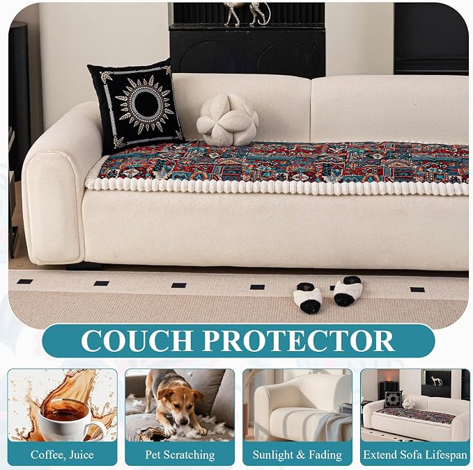 STACYPIK Vintage Abstract Geometric Pets Couch Cover for Living Room, Durable Pet-Scratch Resistant Sofa Cover for 2 Cushion Couch, Soft Plush Fluffy Couch Cushion Cover Washable Aesthetic-27.6X59.1IN - Image 4