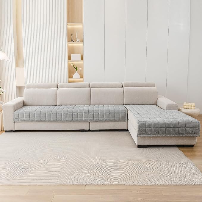 Velvet Couch Covers for Sectional Sofa Washable, Non-Slip L Shaped Sectional Couch Cover, Soft Pet Couch Covers for Sofa, Furniture Slipcovers for 3 Cushion Couch(1PC,35"x94",Light Grey) - Image 4