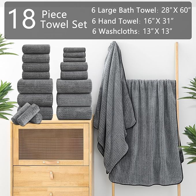 Ycosy 18 Piece Bath Towels Set,100% Microfiber Family Bathroom Towel with Hanging Loops-6 Bath Towels,6 Hand Towels,6 Washcloths,Quick Dry Highly Absorbent Shower Towel for Bathroom,Hotel,Spa-Black - Image 2