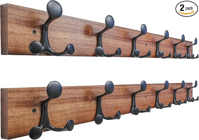 SKOLOO 36-Inch Wood Coat Rack Wall Mount with 6 Triple Hooks - Ideal for Family Entrances, Classrooms, and Pet Supplies Storage - Perfect Coat Hooks for Wall,Mahogany (Sapele), Pack of 2 by SKOLOO