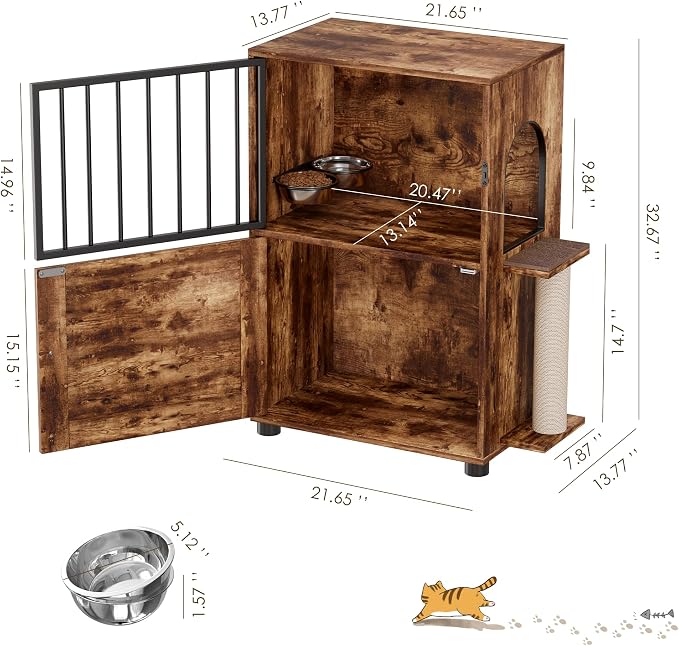 Dog Proof Cat Feeding Station, Dog Proof Cat Feeder, Cat Food Table,Vintage | Cat Feeding Station with Scratching Post, Elevated Food Bowls with Stand, Cat Tree with Food Storage, Cat House - Image 3