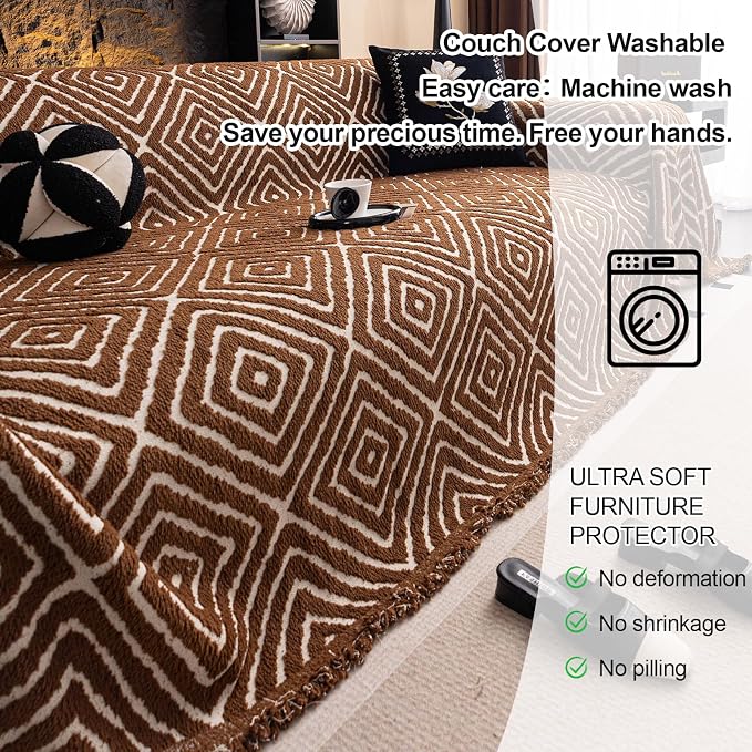ROOMLIFE Couch Cover 3 Cushion Sofa, Washable Non Slip Furniture Sofa Protector Cover, Soft Chenille Sofa Slipcovers Sectional L Shape Dogs Couch Cover Throw Blanket with Tassels 71''X150'' - Image 6