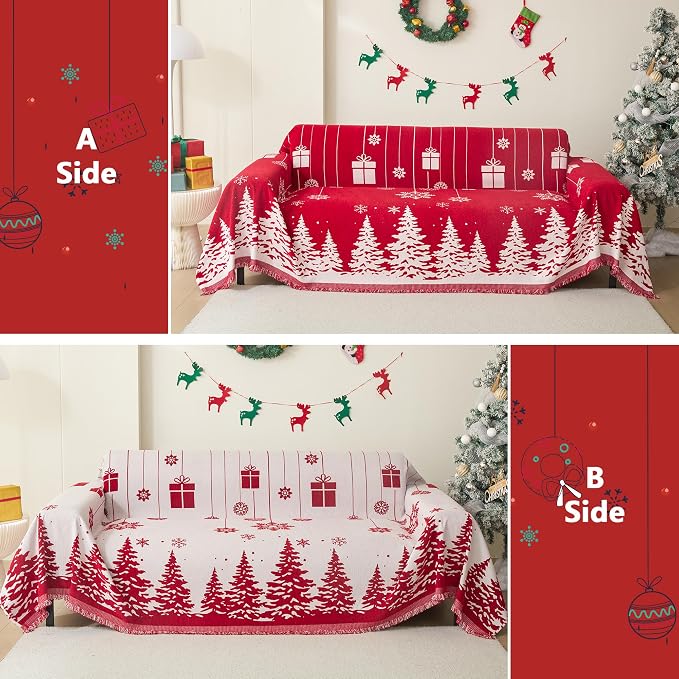 MEETSKY Christmas Couch Cover for Sectional Sofa, Chenille Loveseat Red Sofa Covers Washable for Pet Friendly Cedar Decorative Couch Covers, 71" x 102" - Image 3
