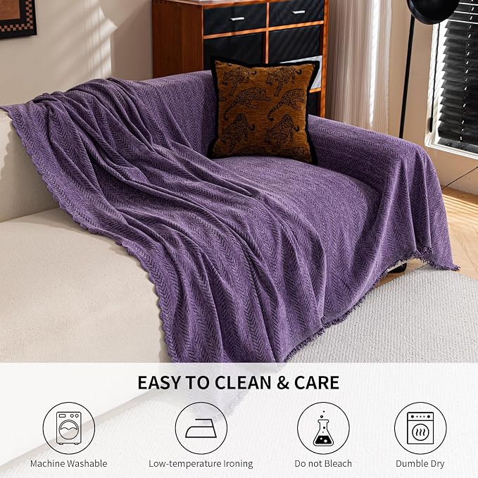 Sofa Covers for 3 Cushion Couch Seat, Loveseat Non Slip Couch Cover Chenille Strip Couch Throw Blankets with Tassels, Sectional Sofa Slipcovers Furniture Protector for Pets, Kids 71"x134", Purple - Image 6