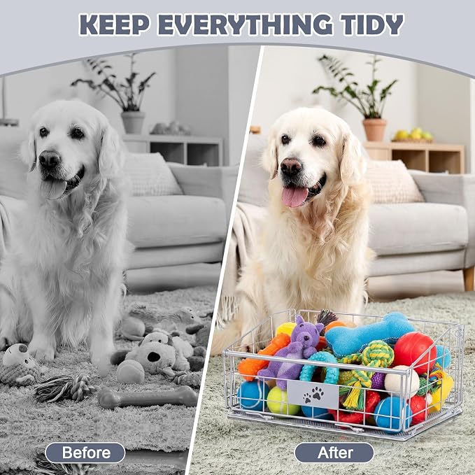Mimorou 3 Pack Metal Dog Toy Baskets Multi-sized Foldable Dog Toy Bins Box Storage Container Organizer for Living Room Area Decorative Pet Accessories Coat Clothing Storage Holder Baskets(Silver) - Image 4