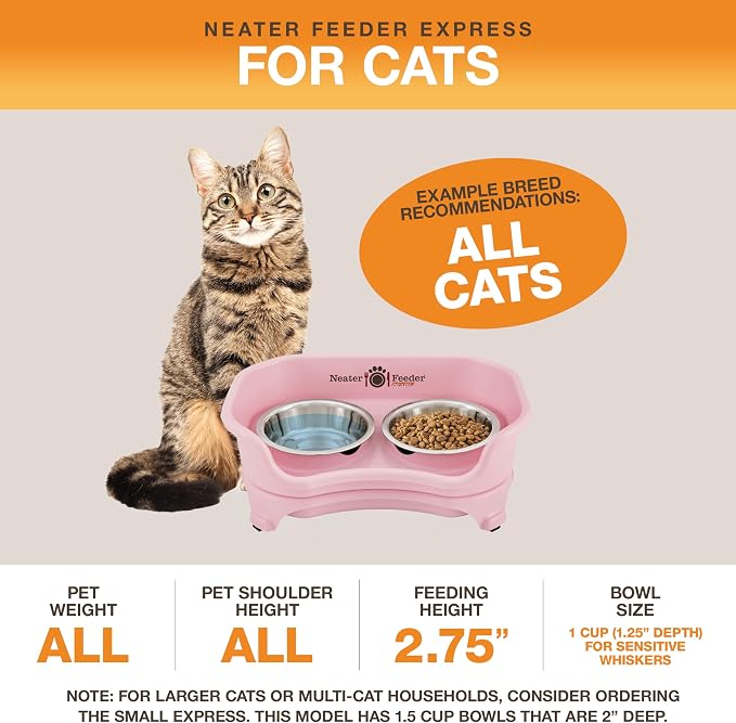 Neater Feeder Express Mess Proof Cat Bowls Elevated, No Spill Feeding Station, Stainless Steel Dishes for Food and Water, Raised Bowls for Indoor Cats, No Fatigue Whisker Friendly Dish, Pink - Image 5