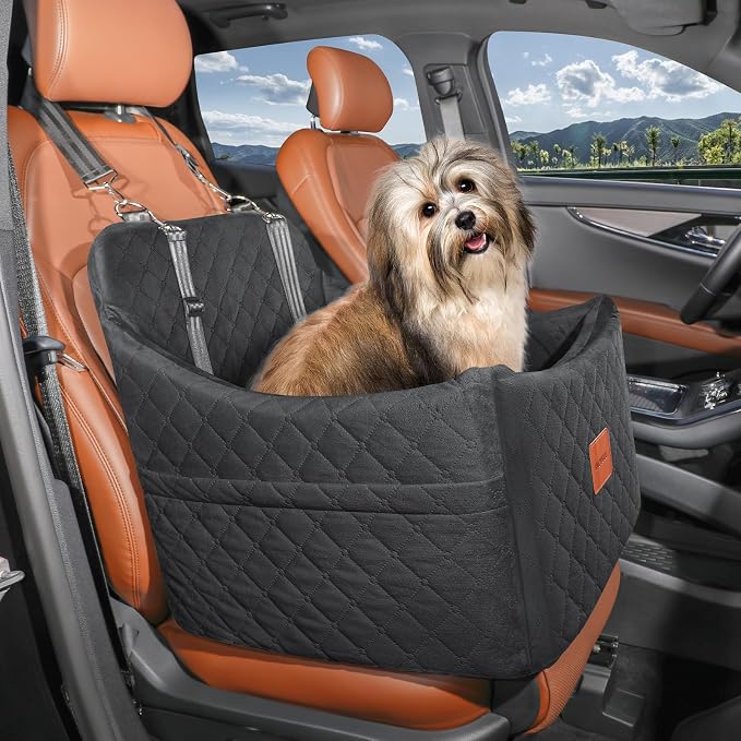 Small Dog Car Seat, Memory Foam Dog Booster Car Seats with Thick Cushion for Medium Dogs Under 35lbs, Detachable Washable Pet Seat with Storage Pockets,2 Safety Belts (Black, Medium) - Image 2