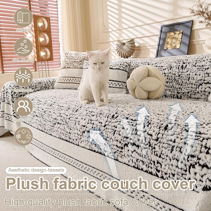 ROOMLIFE Thicked Striped Boho Black Couch Cover for 2-3 Cushion Sofa, Fuzzy Plush Warm Sofa Slipcovers Sectional Sofas Covers, Non Slip Washable Furniture Protector Soft with Tassel,Winter 71''X118” - Image 2