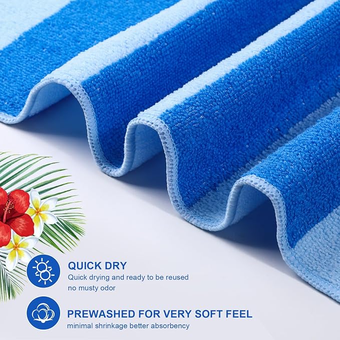 EBOOT 10 Pack Oversized Beach Towel Set Extra Large Pool Towels Microfiber Quick Dry Swim Blanket for Adult Women Men Face Hand Body Bath Travel Pool(Blue,36 x 72 Inch,Stripe) - Image 3