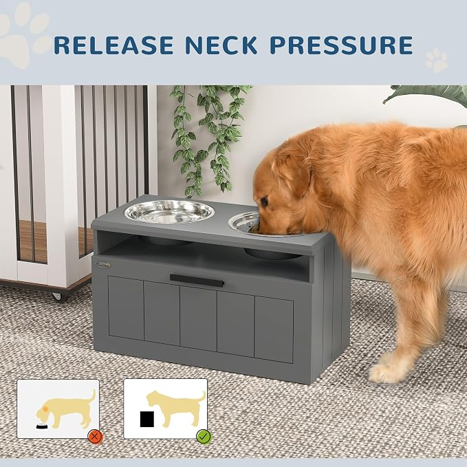 PawHut Elevated Dog Bowls Raised Dog Feeder with Storage Gray | 2 Stainless Steel Bowls, Slow Feeder Mat, Feeding Station, Large Extra Large Breeds - Image 4