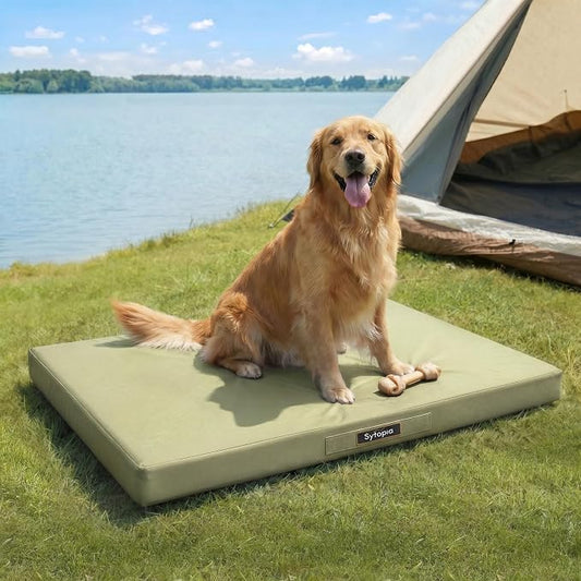 Sytopia 42 Inch Outdoor Waterproof Dog Bed for Extra Large Dogs, Orthopedic Egg Crate Foam Pet Mat with Removable Washable Cover, Durable Crate Mat for Patio, Deck, Camping, Travel, Green by Sytopia