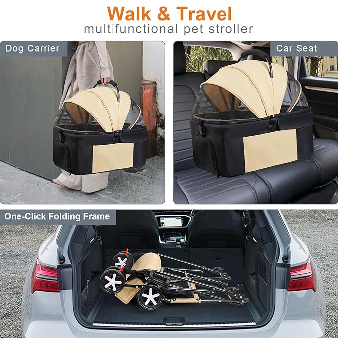 3 in 1 Pet Dog Stroller for Small Medium Dogs 10-50 lbs, Foldable Cat-Strollers for 2-Cats with Removable Carrier, Pet-Strollers for Cats with Storage Bag, Small Puppy-Stroller, Dog-Cart (Brown)