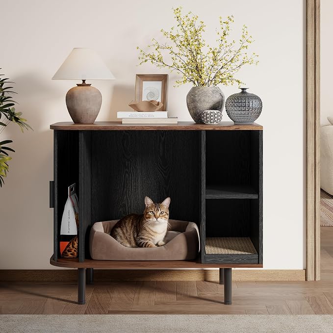 Cat Litter Box Enclosure, Kitty Hidden Litter Box Furniture with Scratch Pad, Modern Indoor Cat House, Sliding Door, Adjustable Shelf for Dog Proof, Black - Image 6