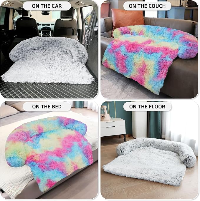 GGIB Calming Dog Bed Fluffy Plush Dog Mat for Furniture Protector with Removable Washable Cover for Large Medium Small Dogs and Cats (Large, Rainbow) - Image 6