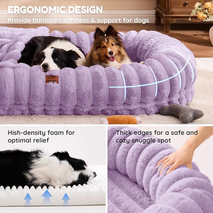 ChiXnuggle Orthopedic Human Dog Bed,Striped Faux Fur Washable Cover,Blanket | purple,72*40*10,giant dog bed for adult or extra large dogs,egg crate foam,non-slip bottom - Image 4