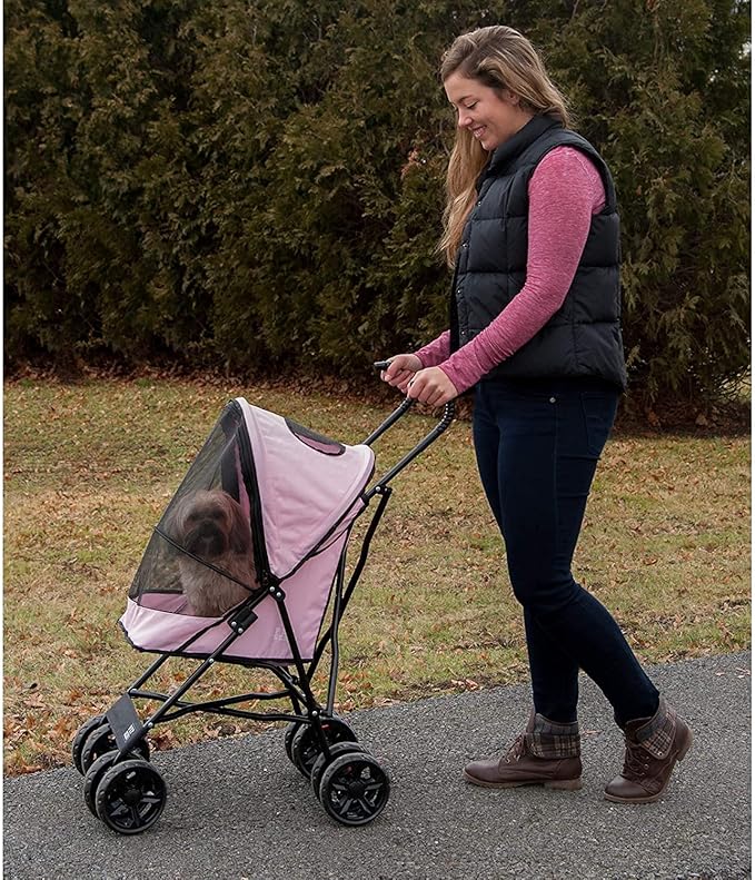 Pet Gear Travel Lite Plus Stroller, Compact, Easy Fold, No Assembly Required, Large Wheels for Cats and Dogs up to 15 pounds, New Rose Pink