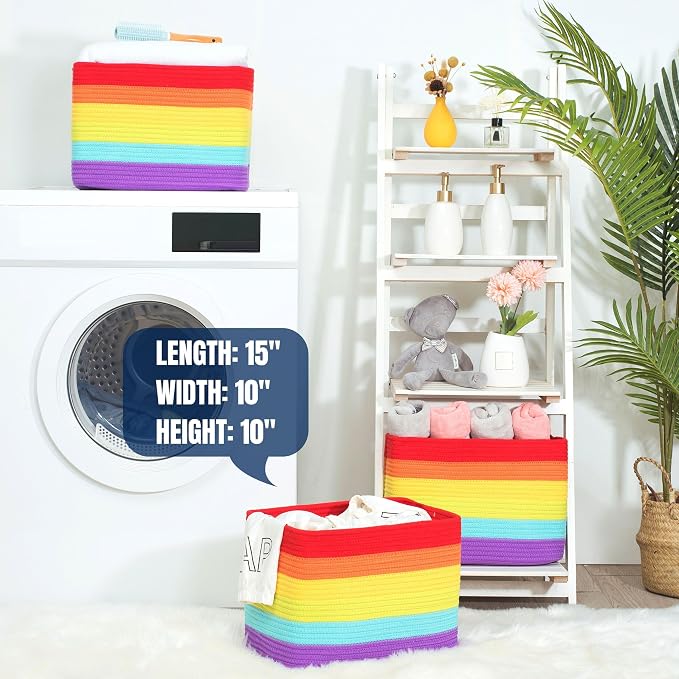 MINTWOOD Design 3-Pack Storage Baskets for Shelves, Playroom and Classroom, Book Basket, Decorative Storage Cube Bins, Woven Closet Organizers, Pantry and Shoe Organizer, Rainbow - Image 7