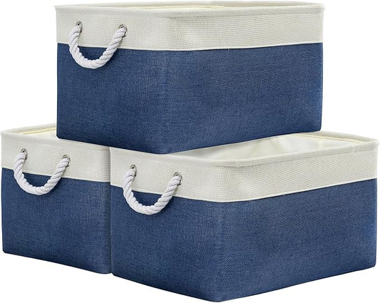 TheWarmHome Organization and Storage Basket for Organizing - X Large 3 Pack 17.7L×13.8W×9.8H in Collapsible Storage Bin for Shelves, Basket for Gifts Empty Toys Organizer Gift (White & Jean Blus) by TheWarmHome