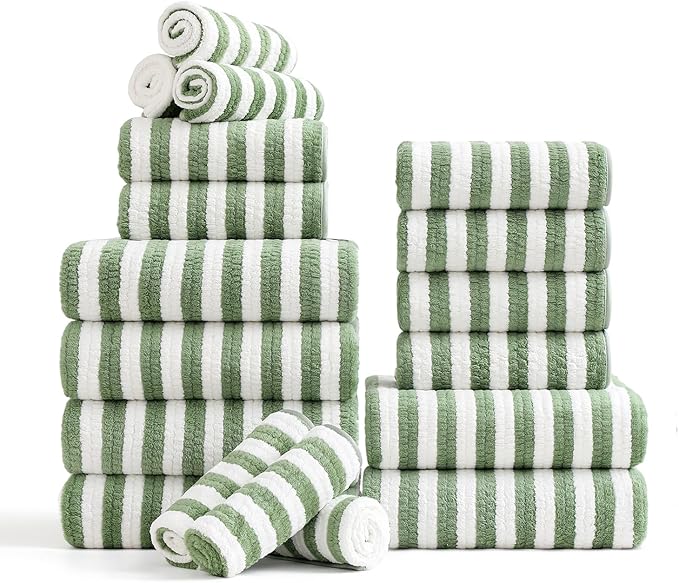 18-Piece Microfiber Bath Towels Set - 6 Bath Sheet, 6 Hand Towels, 6 Washcloths, Soft, Highly Absorbent Bathroom Towel, Quick Dry & Less Lint Shower towel for Bathroom, Hotel, Spa, Dorm-Light Green by FerdilanUS