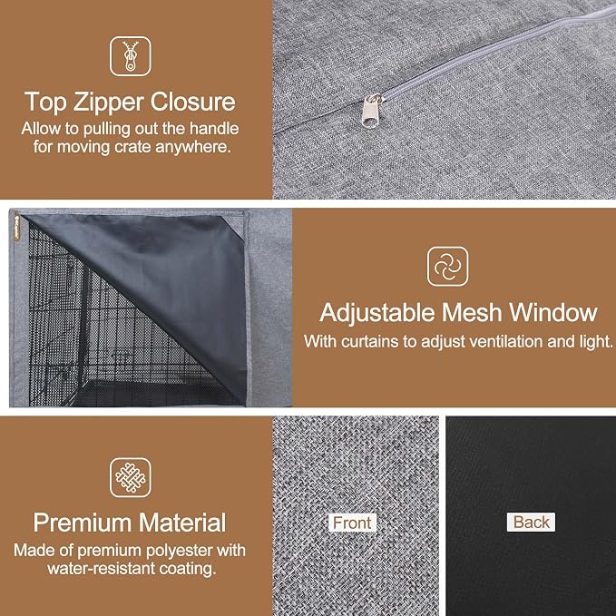 HiCaptain Breathable Dog Crate Cover 48 Inch, Durable Heavy Duty Kennel Cover, Dual Zippered Panels, Windproof Waterproof UV-Resistant(Grey) - Image 5