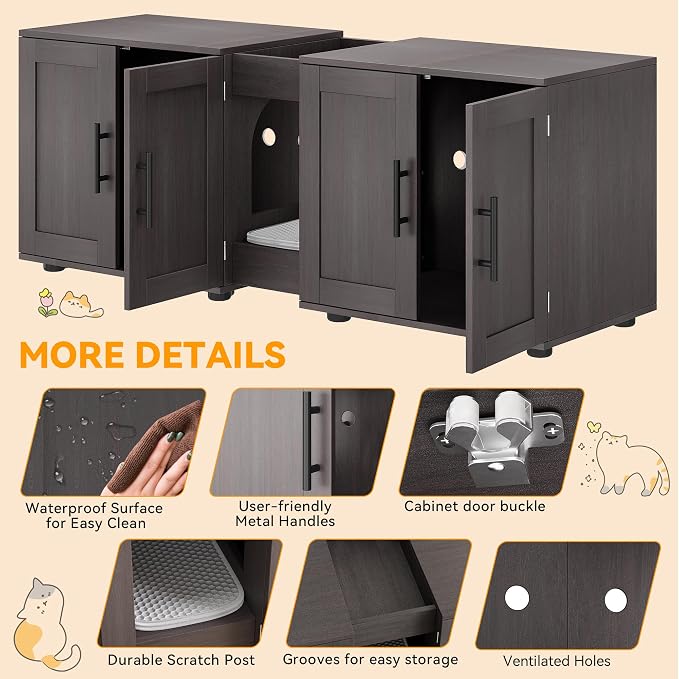 55" Large Cat Litter Box Enclosure Furniture for 2 Cats, 3-in-1 Hidden Litter Box Cabinet with Barn Door & Double Rooms, Wooden Pet Furniture for Living Room & Bedroom - Image 6