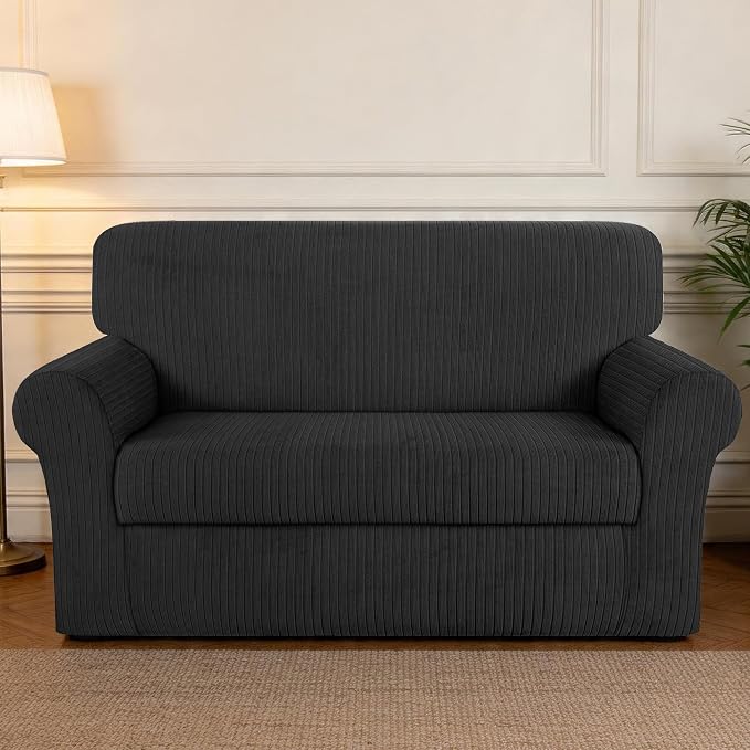 Loveseat Cover Stretching Skid Resistance Couch Cover for Pets Washable, Thick and Durable Soft High Spandex Striped Pattern Sofa Covers, Form Fitted Love Seat Slipcover(Loveseat, Black) - Image 7