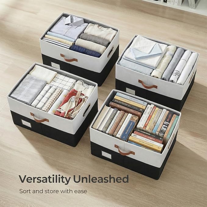 PRANDOM Storage Bins with Lids [3-Pack] Linen Fabric Foldable Storage Boxes Organizer Containers Baskets Cube with Cover for Bedroom Closet Office Grey&Black (23.4X15.9X11.4) - Image 8